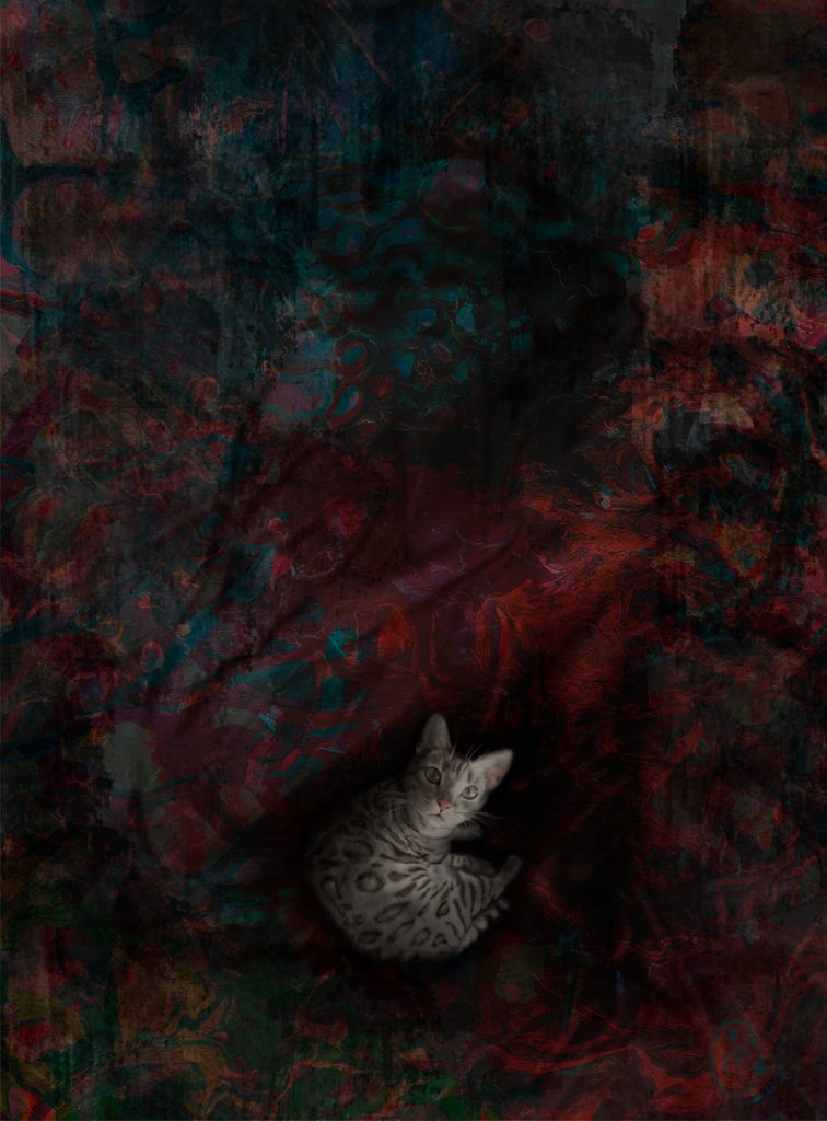 Figura femenina, recogida, acostada, encima lienzo abstracto, gato mirando al espectador.