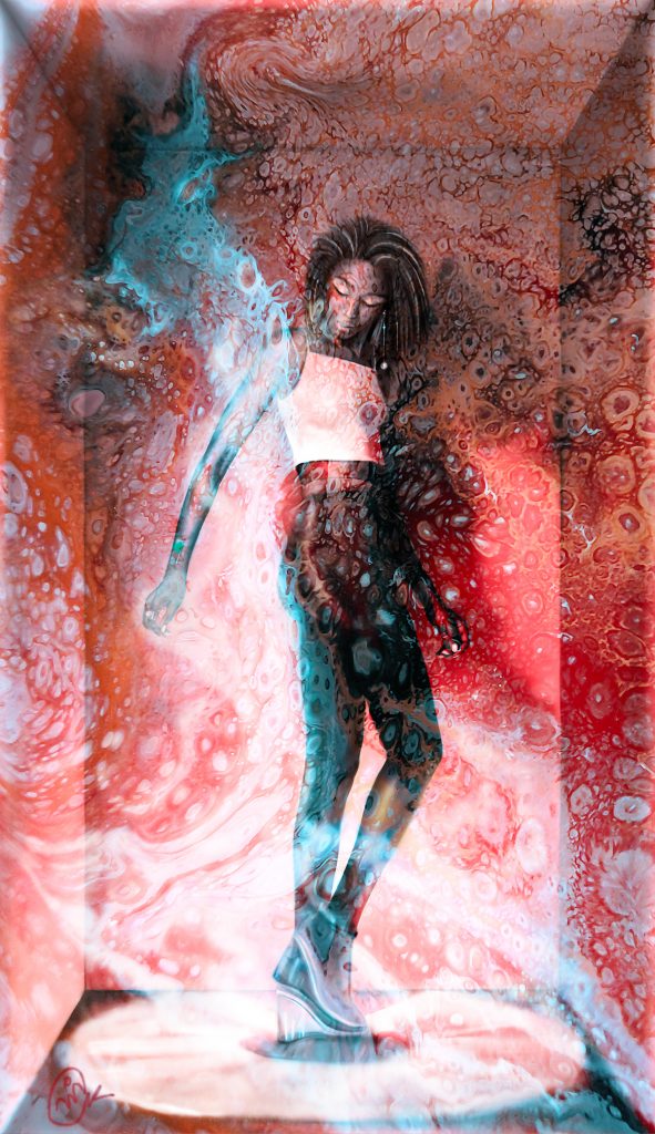 Chica metida en una caja vertical, luces y vapores que suben del suelo, en un ambiente abstracto.