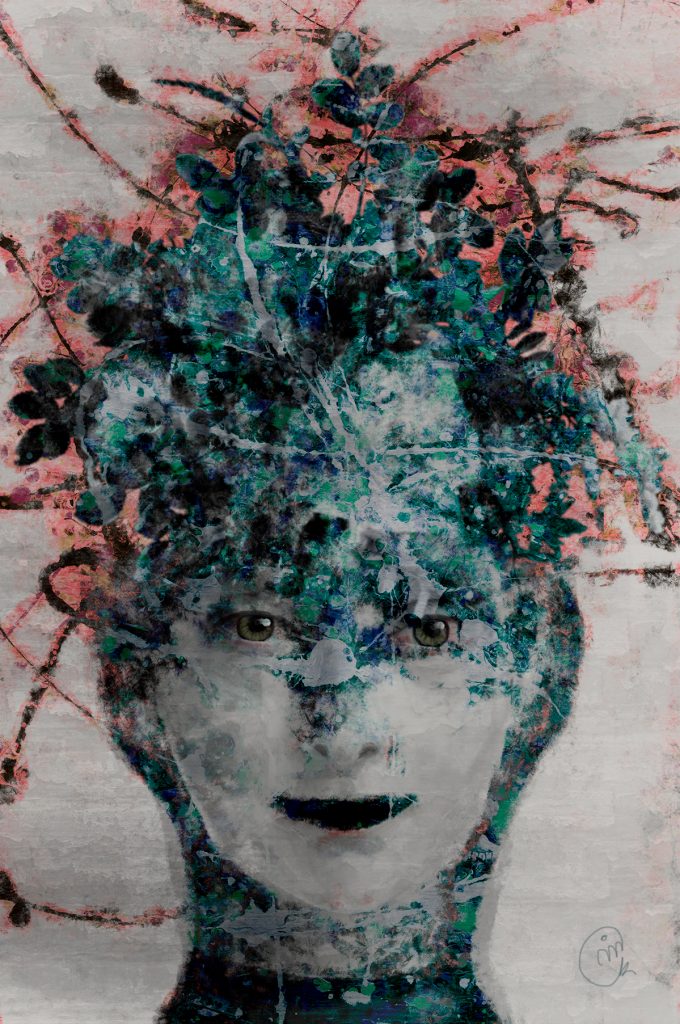 Persona indefinida, ojos penetrantes, cabeza con flores verdes y rosas, cuello abstracto.