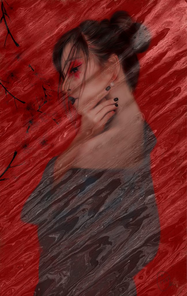 Chica oriental, con pelo recogido mirando de soslayo, con una flor pintada en el ojo, fondo rojo, y con su mano señala una perla que lleva de piente.
