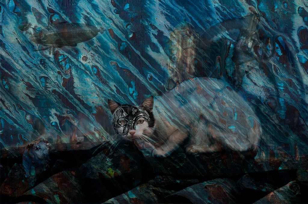 Gato en un tejado mirando en primer plano, ratoncillo mirando al propio gato, en ambiente de lluvia abstracta