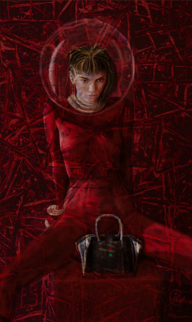 Chica vestida de rojo en fondo abstracto rojo, de frente un bolso con dos luces roja y verde.