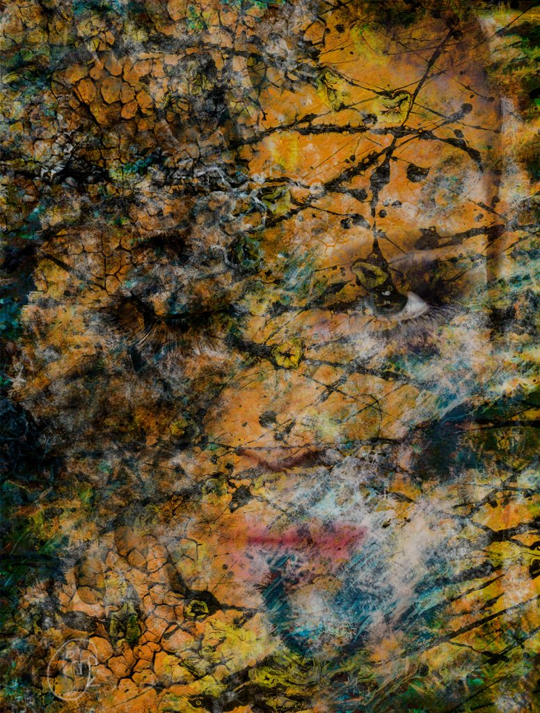 Cara de mujer, un ojo abierto y otro cerrado, fondo abstracto mezclado con ella.