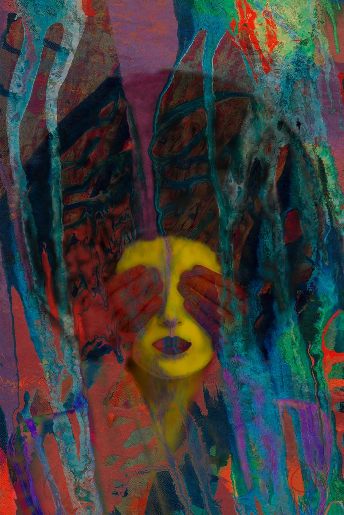 Cara amarilla, pelo afro, manos rojas que tapan los ojos, pinceladas grandes abstractas.